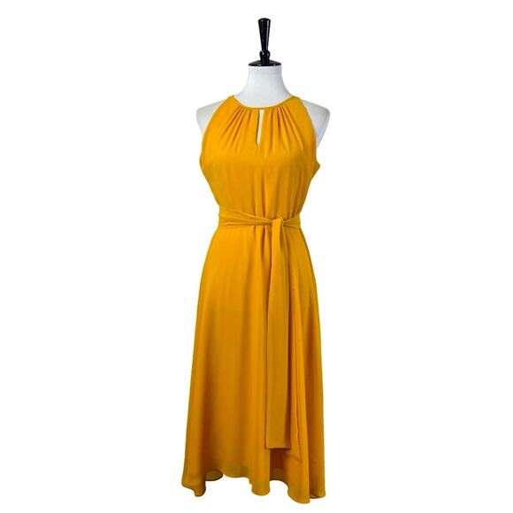 Tahari Petite Midi Dress Keyhole Halter Neck High Low Hem Yellow Women’s Size 6P - Picture 1 of 14